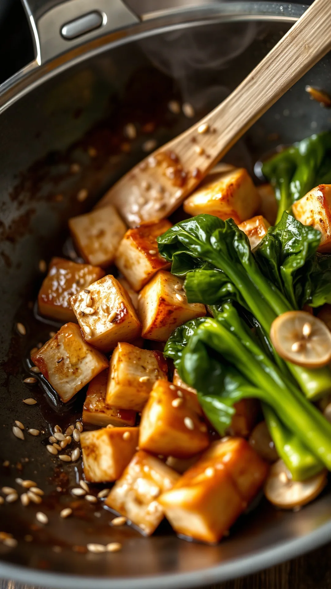 Vibrant wok stir-fry with golden-brown tofu cubes, fresh pak choi, ginger slices, sesame seeds scattered, steam rising, Asian