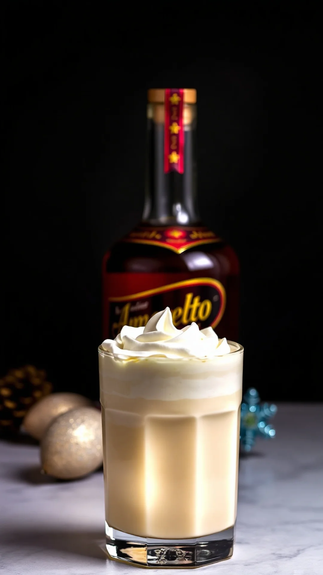 White creamy eggnog with amaretto liqueur, thick luxurious texture, whipped cream top, elegant bottle, Christmas celebration