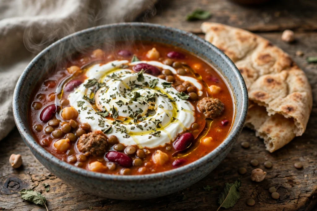 Afghanische Suppe Mashawa Rezept – dampfende Schale mit Kichererbsen, Bohnen, Hackbällchen, Joghurt und Minze
