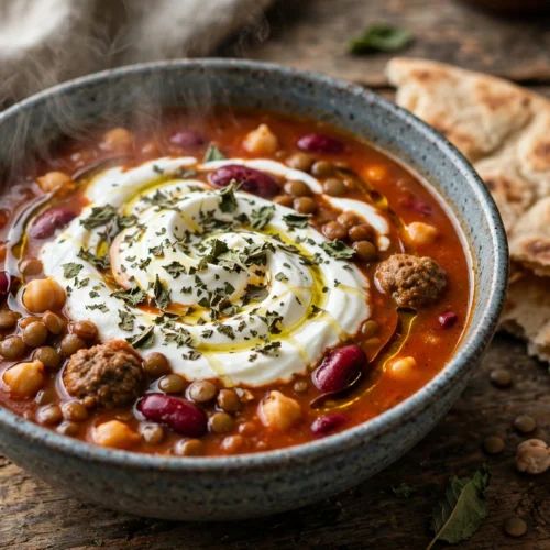 Afghanische Suppe Mashawa Rezept – dampfende Schale mit Kichererbsen, Bohnen, Hackbällchen, Joghurt und Minze