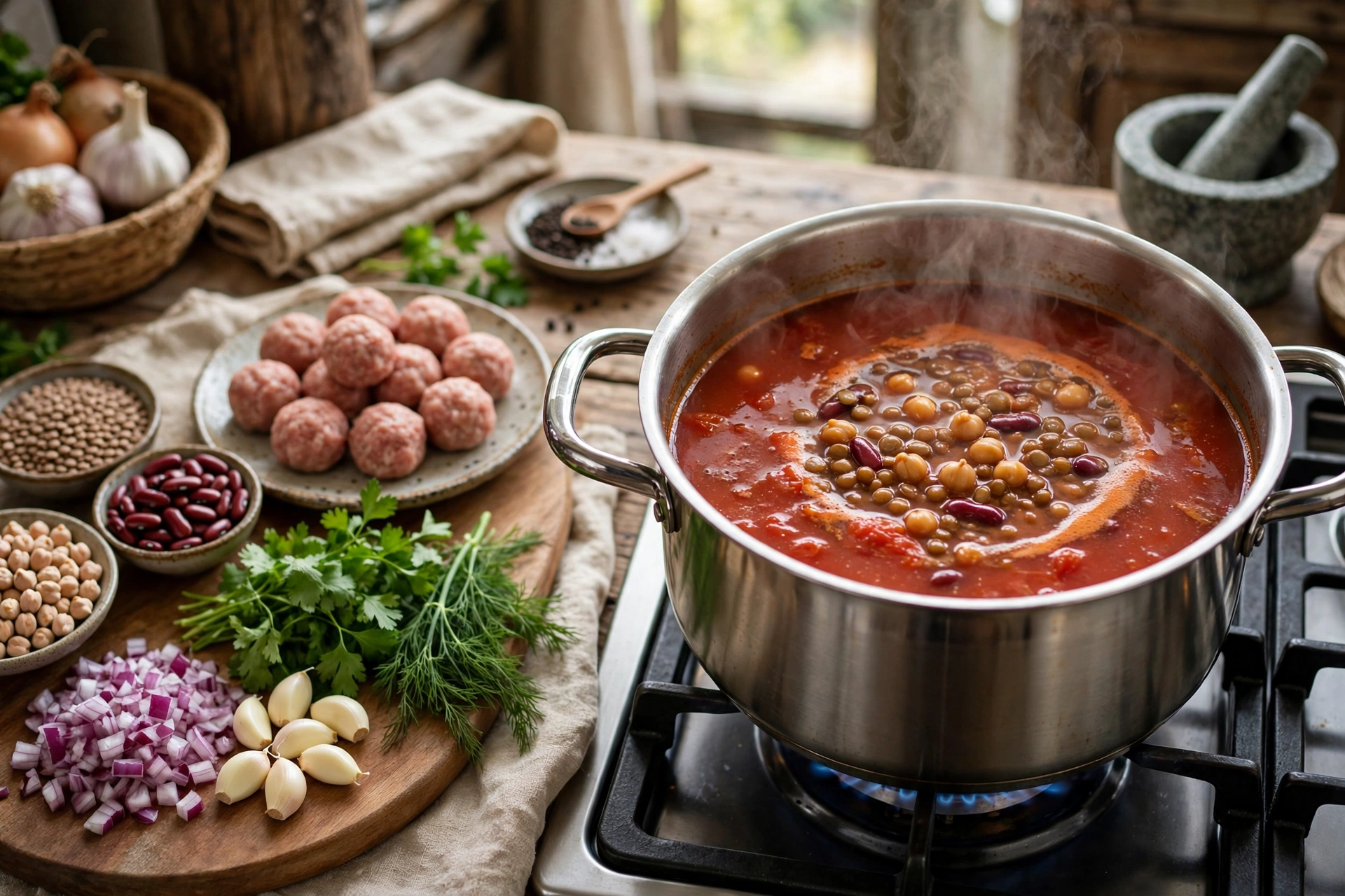 Afghanische Suppe Mashawa Rezept – Zubereitung: köchelnde Tomatenbrühe mit Hülsenfrüchten, Hackbällchen und Gewürzen