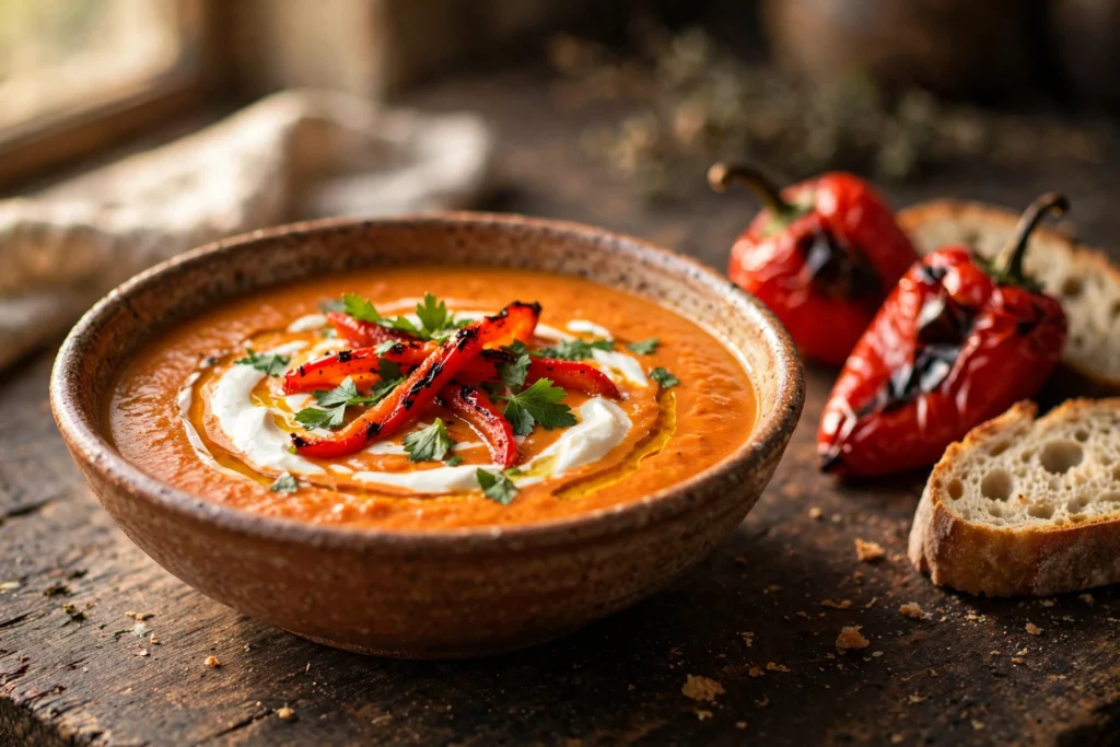 Ajvar Suppe Rezept – cremige Paprikasuppe in rustikaler Schale mit Sahnehaube, gerösteten Paprikastreifen und Petersilie