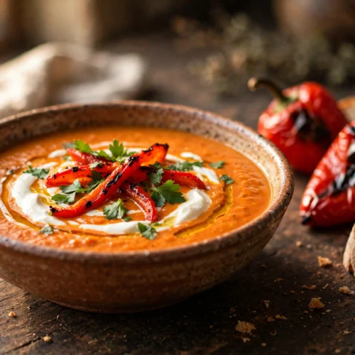 Ajvar Suppe Rezept – cremige Paprikasuppe in rustikaler Schale mit Sahnehaube, gerösteten Paprikastreifen und Petersilie