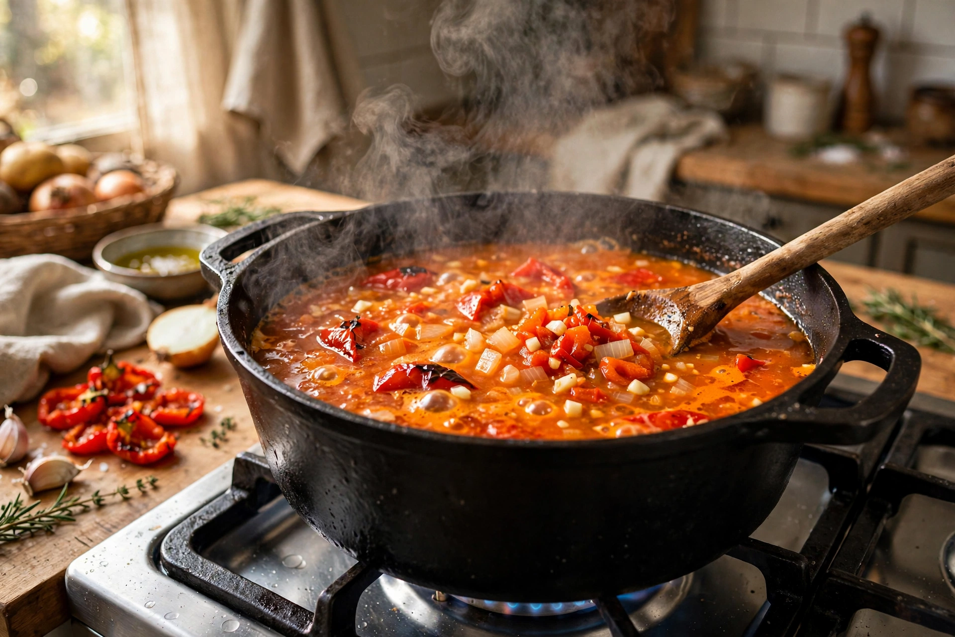 Ajvar Suppe Rezept – köchelnde Paprikasuppe im Topf mit gerösteten Paprika, Zwiebeln und Knoblauch