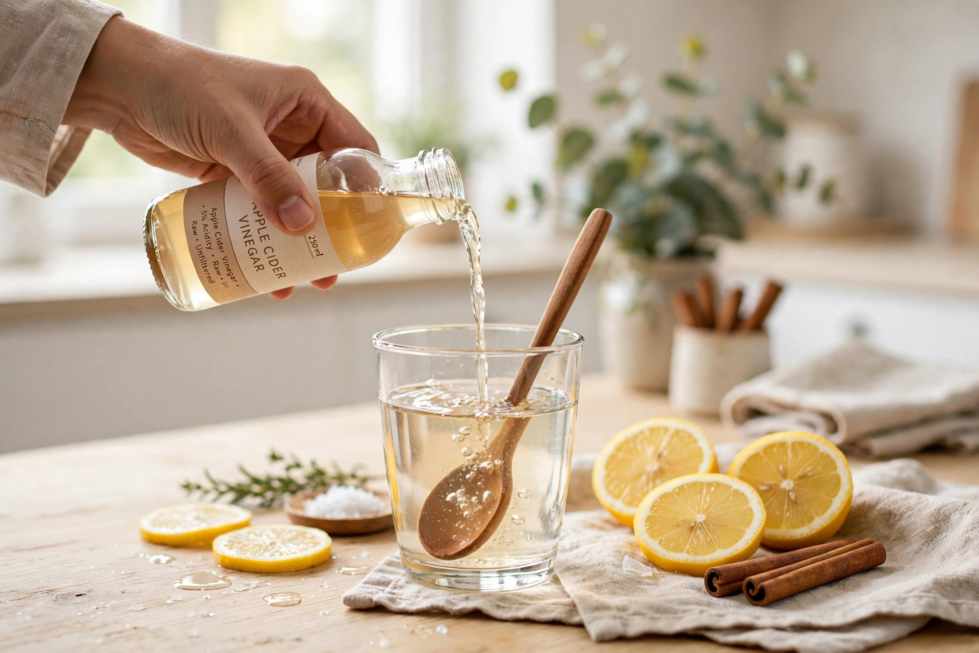 Apfelessig trinken Abnehmen Rezept – Essig wird in Wasser eingerührt, mit Zitrone und Zimt
