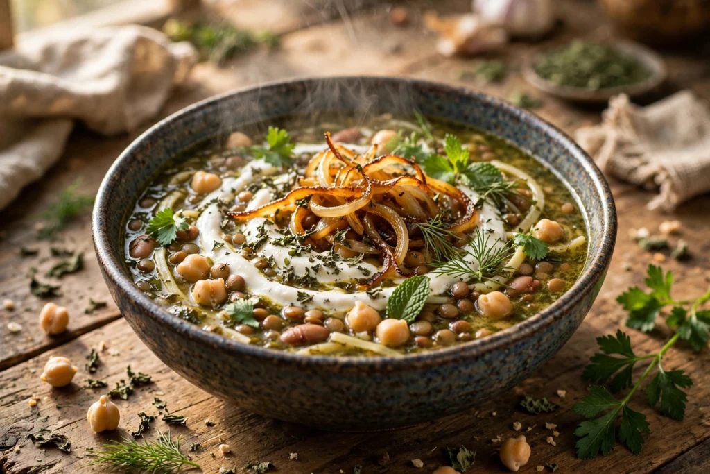Ash Suppe Rezept – dampfende persische Kräutersuppe mit Nudeln, Joghurt, Zwiebelringen und Minze in einer Schale
