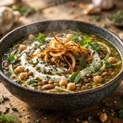 Ash Suppe Rezept – dampfende persische Kräutersuppe mit Nudeln, Joghurt, Zwiebelringen und Minze in einer Schale