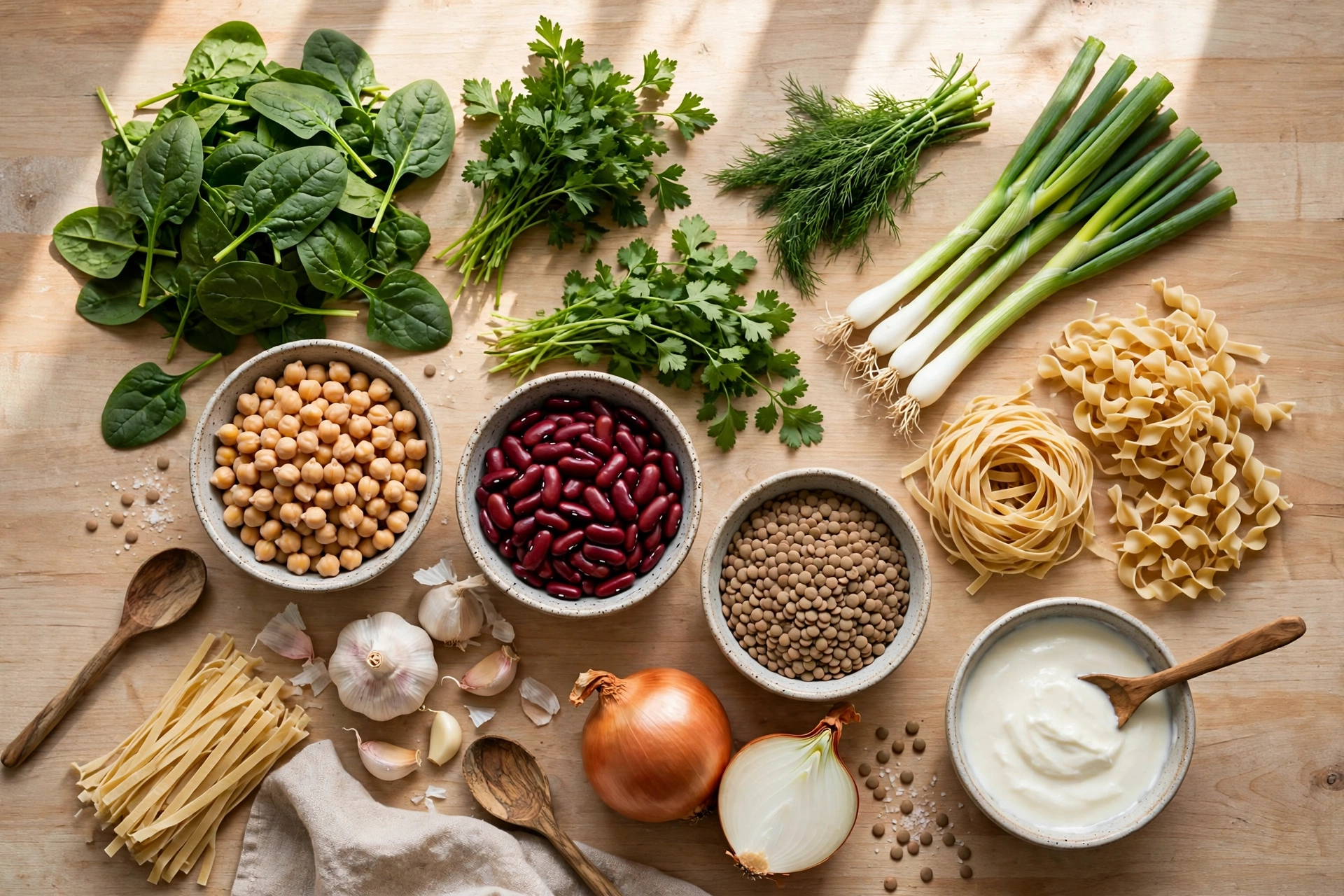 Ash Suppe Rezept – Zutaten im Überblick: frische Kräuter, Hülsenfrüchte, Nudeln, Joghurt, Zwiebeln und Knoblauch