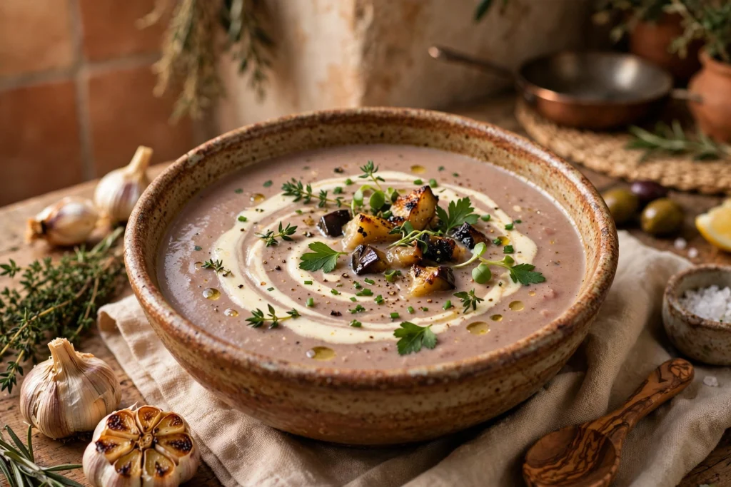 Aubergine Suppe Rezept – cremige, geröstete Auberginensuppe mit Sahnehäubchen und Petersilie in einer Schale