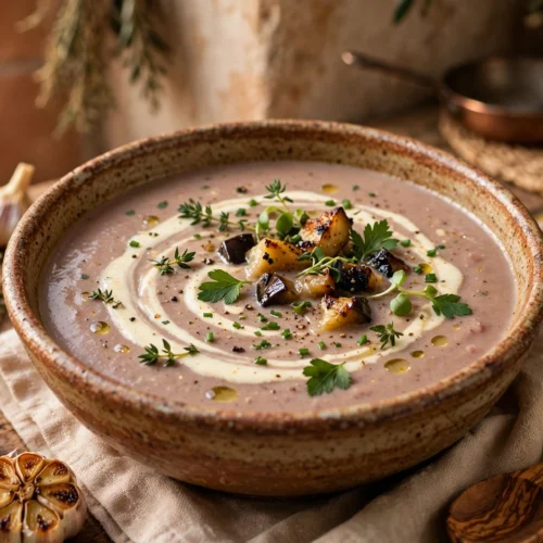 Aubergine Suppe Rezept – cremige, geröstete Auberginensuppe mit Sahnehäubchen und Petersilie in einer Schale