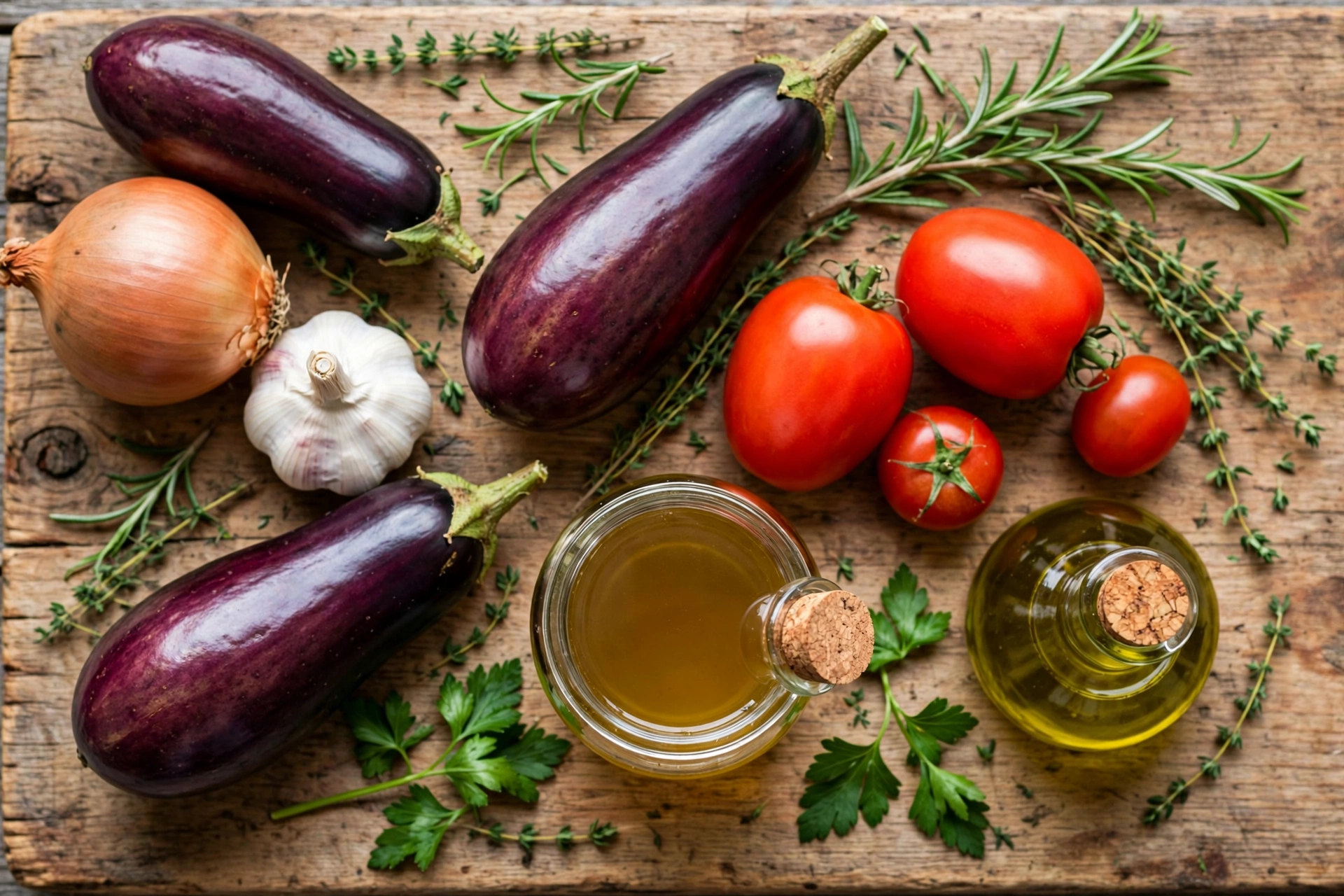 Aubergine Suppe Rezept – Zutaten im Überblick: frische Auberginen, Zwiebeln, Knoblauch, Tomaten, Gemüsebrühe und Olivenöl