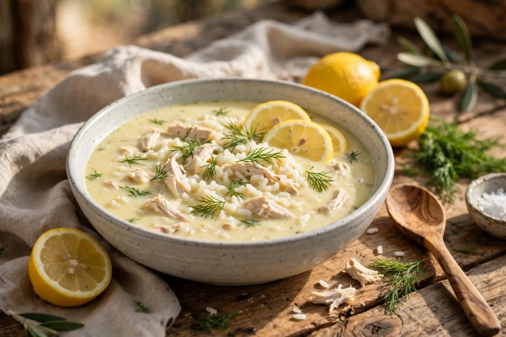 Avgolemono Suppe Rezept – cremige griechische Zitronensuppe mit Hähnchen, Reis und Dill in einer rustikalen Schale