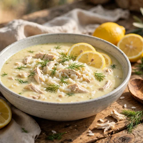 Avgolemono Suppe Rezept – cremige griechische Zitronensuppe mit Hähnchen, Reis und Dill in einer rustikalen Schale