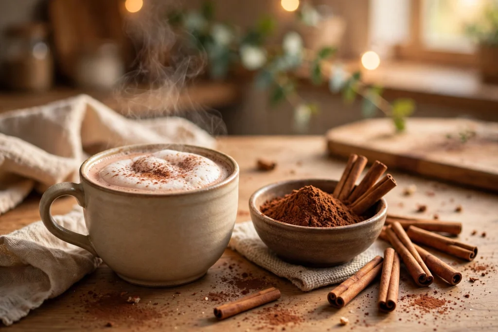 Backkakao trinken Rezept – eine Tasse cremiger heißer Kakao aus Backkakao mit Milchschaum und Zimt