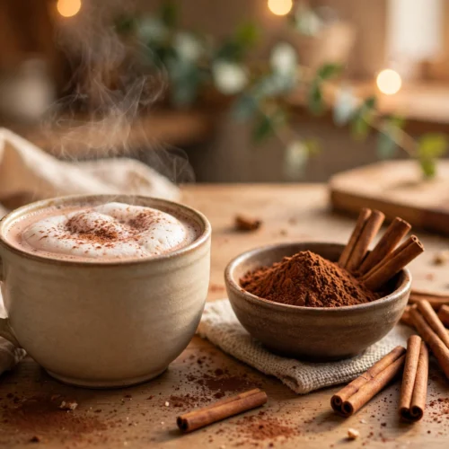 Backkakao trinken Rezept – eine Tasse cremiger heißer Kakao aus Backkakao mit Milchschaum und Zimt