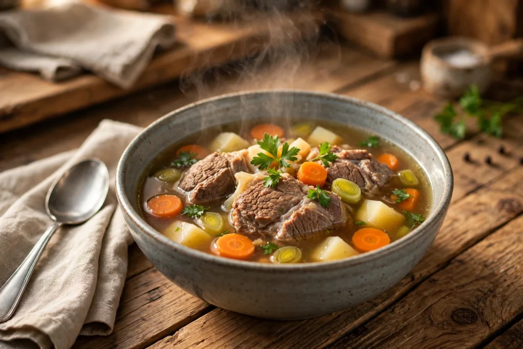 Beinscheibe Suppe Rezept – dampfende Rinderbeinscheibensuppe mit Markknochen, Karotten, Kartoffeln und Petersilie