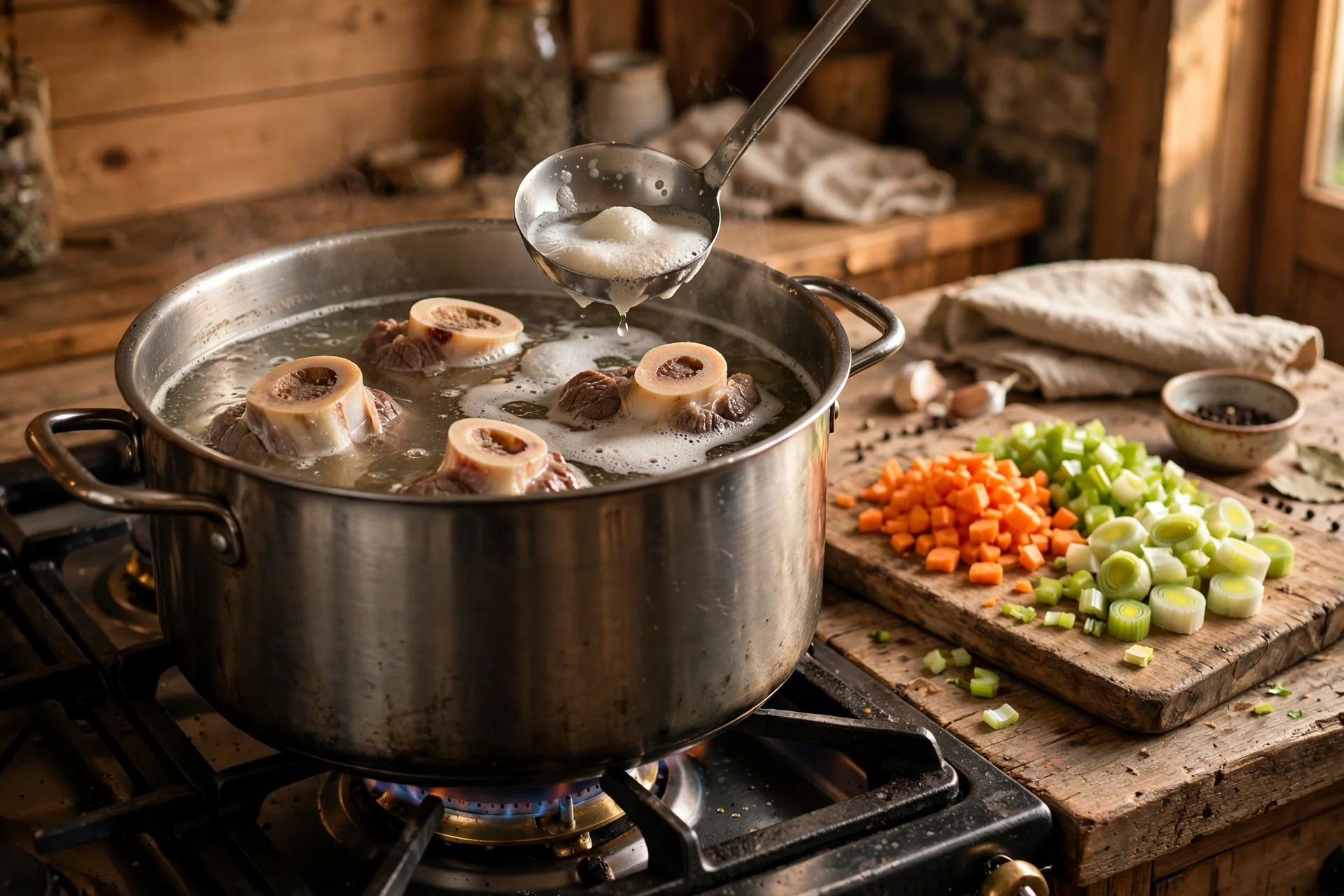 Beinscheibe Suppe Rezept – Rinderbeinscheibe mit Markknochen, Karotten und Sellerie sanft im Suppentopf simmernd