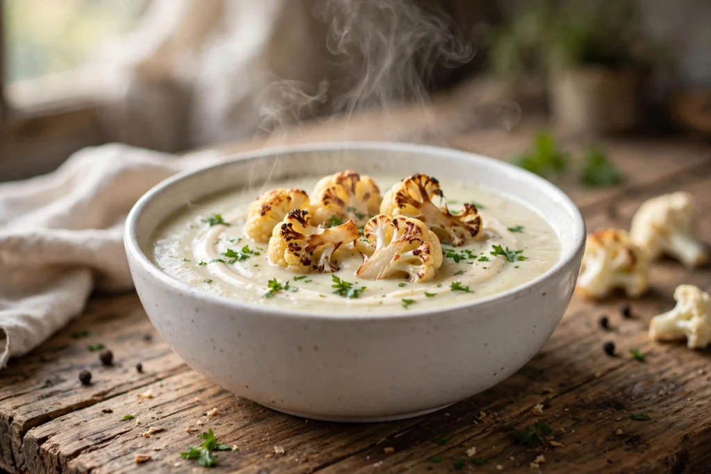 Blumenkohl Kartoffel Suppe Rezept – dampfende cremige Suppe mit Croûtons und Petersilie in weißer Schüssel auf Holztisch