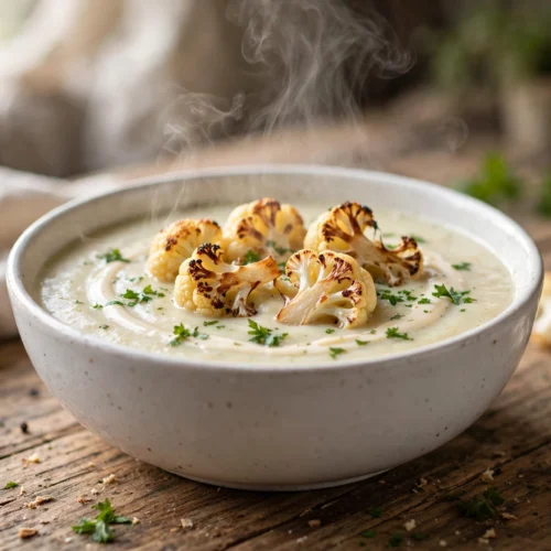 Blumenkohl Kartoffel Suppe Rezept – dampfende cremige Suppe mit Croûtons und Petersilie in weißer Schüssel auf Holztisch