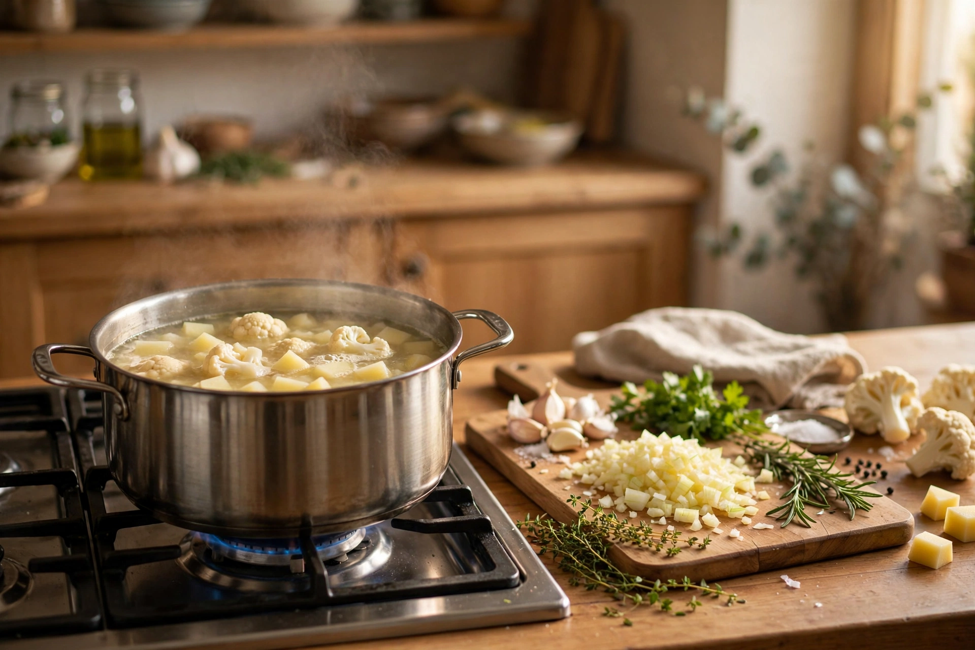 Blumenkohl Kartoffel Suppe Rezept – Zubereitung: Blumenkohlröschen und Kartoffelwürfel kochen im Topf mit Gemüsebrühe