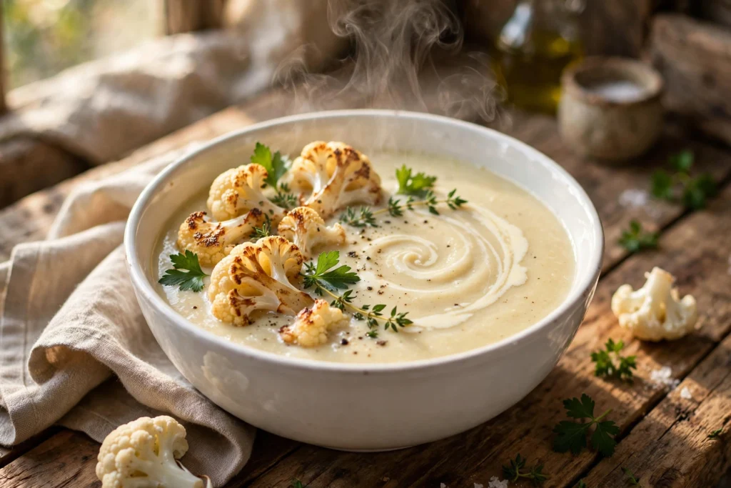Blumenkohl Suppe Rezept – cremige Blumenkohlsuppe mit gerösteten Röschen und Kräutern in weißer Schüssel auf Holztisch