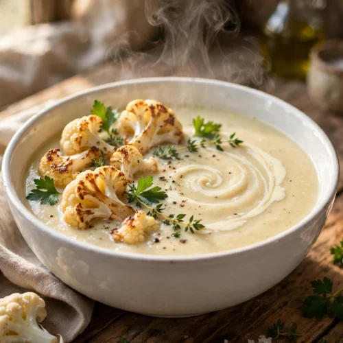 Blumenkohl Suppe Rezept – cremige Blumenkohlsuppe mit gerösteten Röschen und Kräutern in weißer Schüssel auf Holztisch