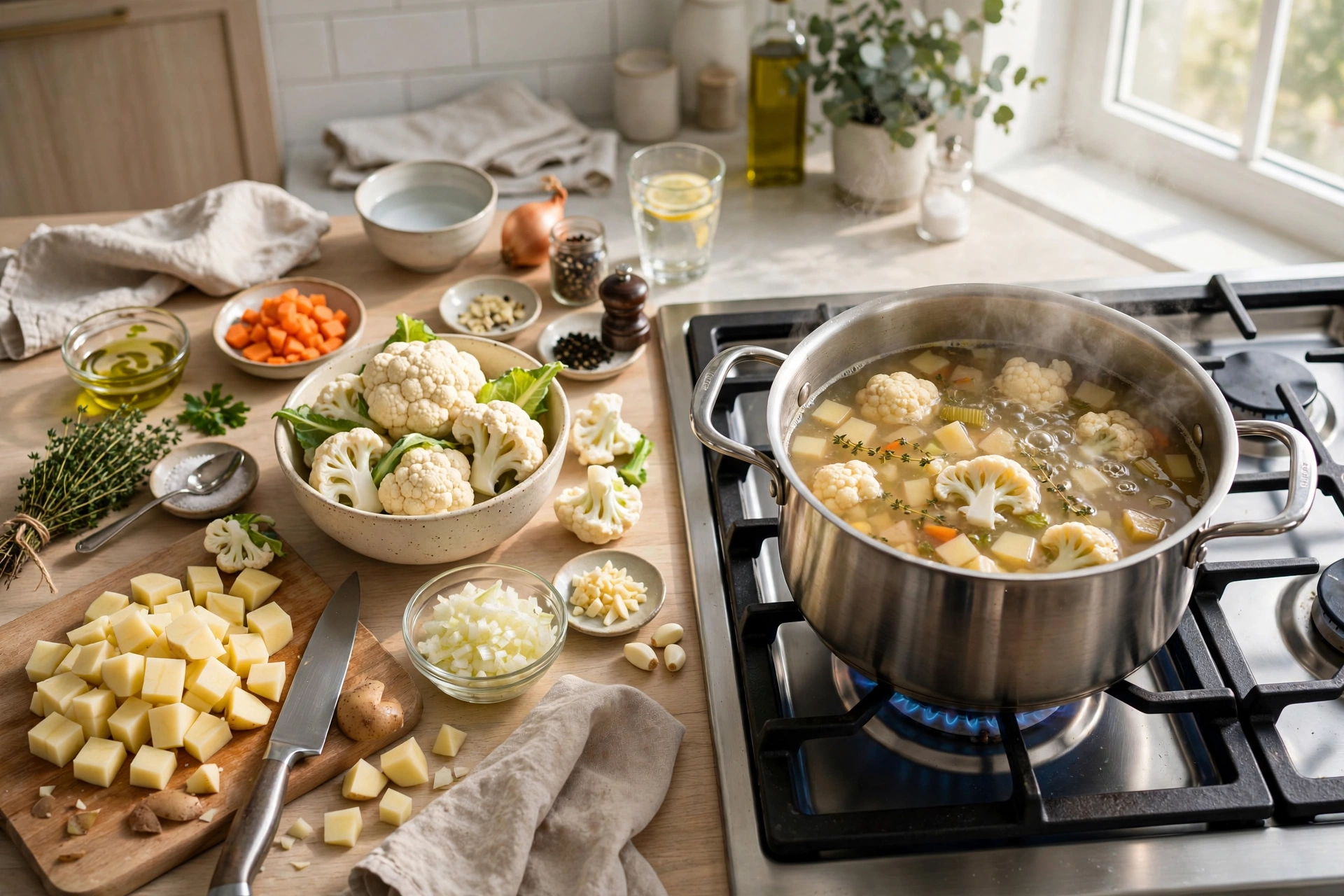 Blumenkohl Suppe Rezept – Zubereitung: Blumenkohlröschen und Kartoffelwürfel werden im Topf mit Gemüsebrühe gekocht
