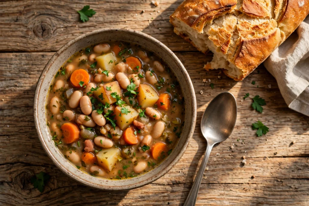 Bohnen Suppe Rezept – herzhafte Bohnensuppe mit weißen Bohnen, Kartoffeln und Möhren in rustikaler Schale mit Brot