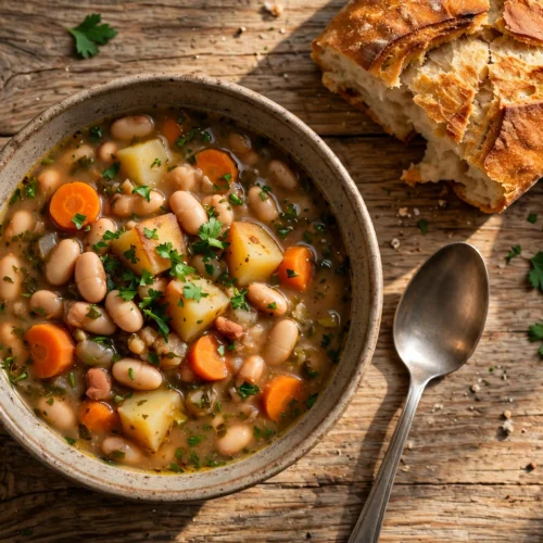 Bohnen Suppe Rezept – herzhafte Bohnensuppe mit weißen Bohnen, Kartoffeln und Möhren in rustikaler Schale mit Brot