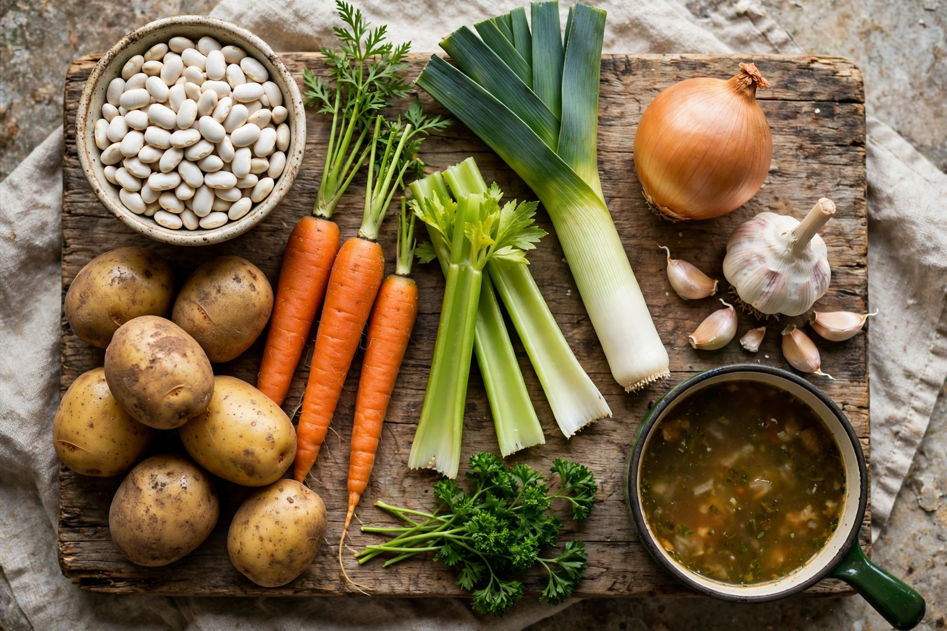 Bohnen Suppe Rezept – Zutaten im Überblick: weiße Bohnen, Kartoffeln, Möhren, Lauch, Zwiebel, Knoblauch und Petersilie auf einem Holzbrett