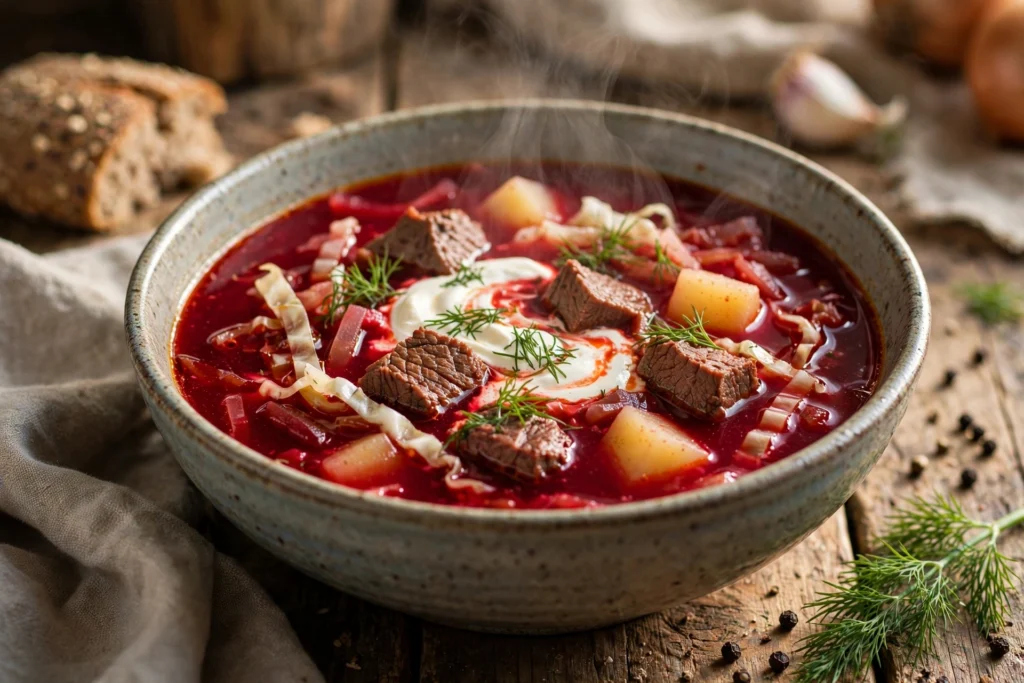 Borsch Suppe Rezept – dampfende Schale Borschtsch mit Rindfleisch, Schmand und Dill