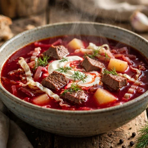 Borsch Suppe Rezept – dampfende Schale Borschtsch mit Rindfleisch, Schmand und Dill