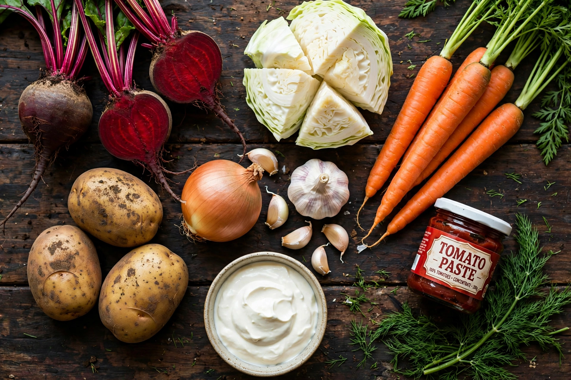 Borsch Suppe Rezept – Zutaten im Überblick: Rote Bete, Weißkohl, Kartoffeln, Karotten und Schmand