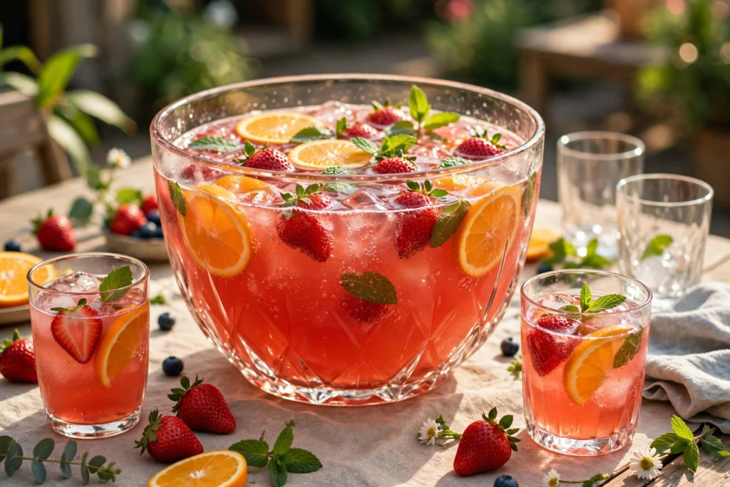 Bowle trinken Rezept – große Glasbowle mit Fruchtbowle auf einer Sommerparty