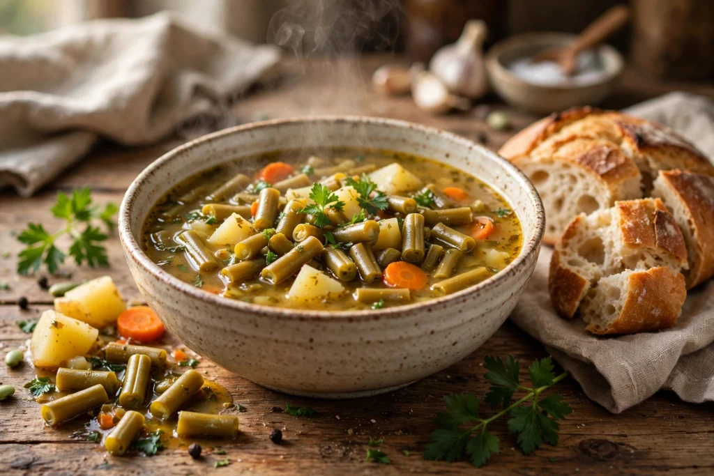 Brockelbohnen Suppe Rezept – dampfende Suppe aus gebrochenen grünen Bohnen, Kartoffeln und Speck mit Petersilie in einer Schüssel
