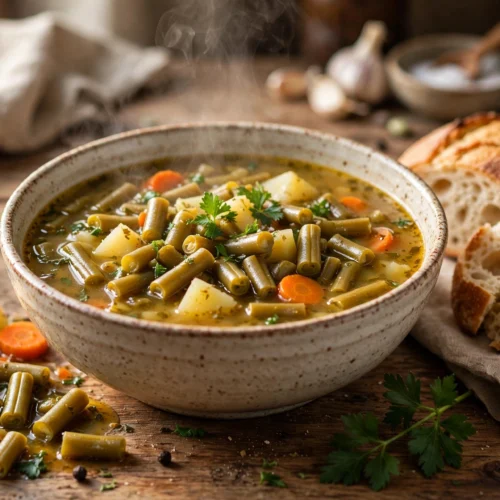 Brockelbohnen Suppe Rezept – dampfende Suppe aus gebrochenen grünen Bohnen, Kartoffeln und Speck mit Petersilie in einer Schüssel