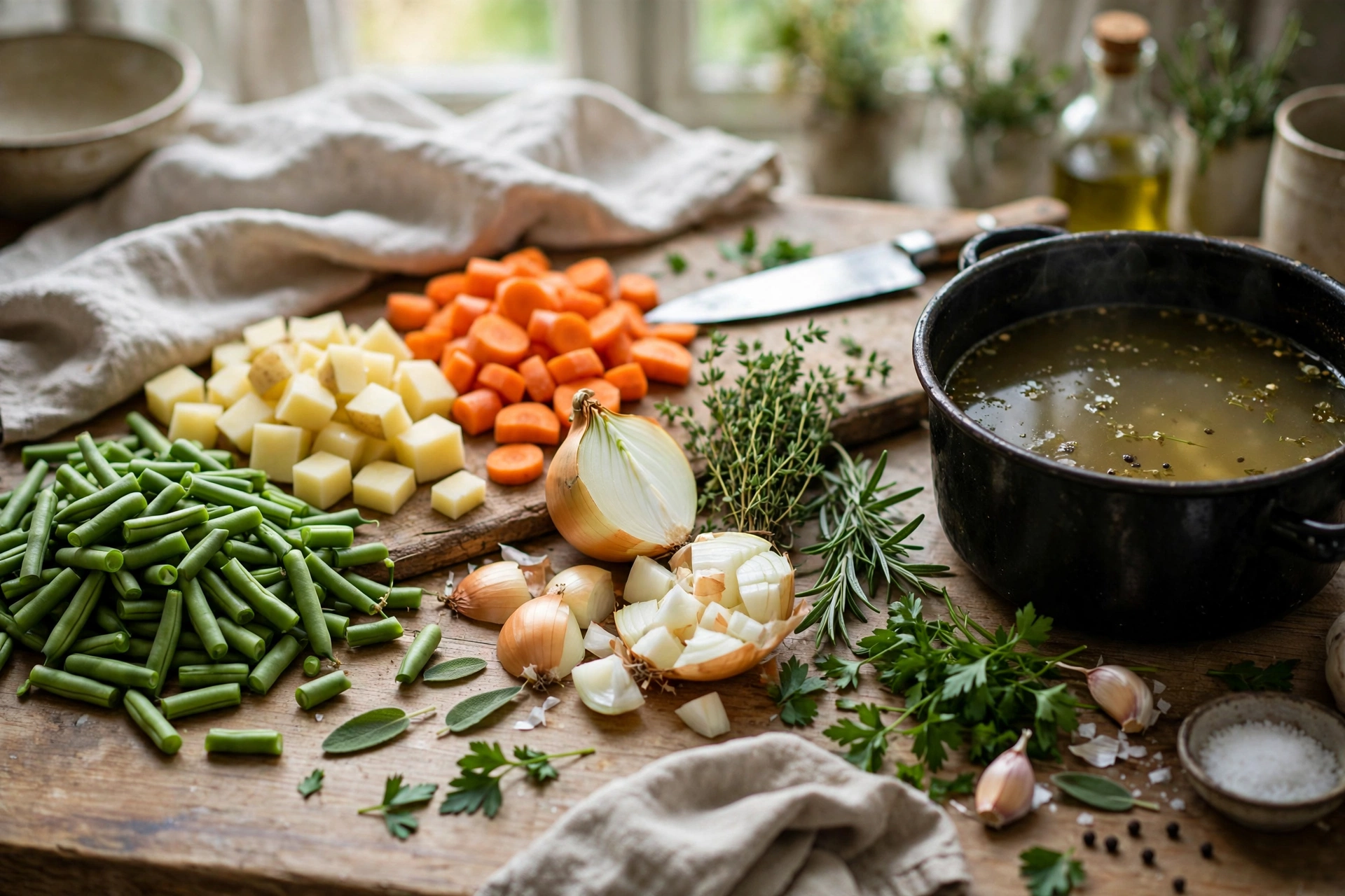 Brockelbohnen Suppe Rezept – Zutaten im Überblick: frische grüne Bohnen, Kartoffeln, Möhren, Zwiebeln, Speck und Brühe