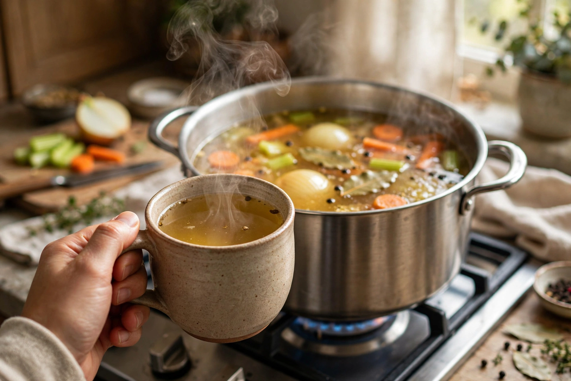 Brühe zum Trinken Rezept – Hand hält dampfende Tasse klare Brühe, Suppentopf mit Gemüse im Hintergrund