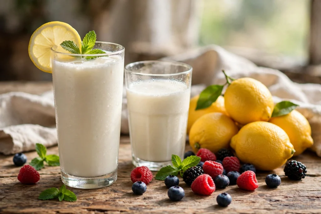 Buttermilch Rezept Trinken – erfrischende Buttermilch-Drinks mit Zitrone, Beeren und Minze auf Holztisch