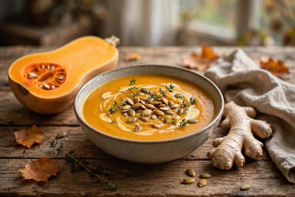 Butternut Kürbis Suppe Rezept – cremige Suppe aus geröstetem Butternut-Kürbis mit Kürbiskernen und Thymian
