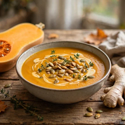Butternut Kürbis Suppe Rezept – cremige Suppe aus geröstetem Butternut-Kürbis mit Kürbiskernen und Thymian