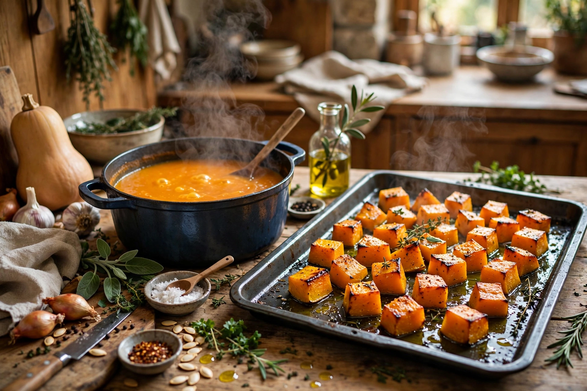 Butternut Kürbis Suppe Rezept – geröstete Butternut-Würfel auf dem Blech und köchelnde Suppe im Topf