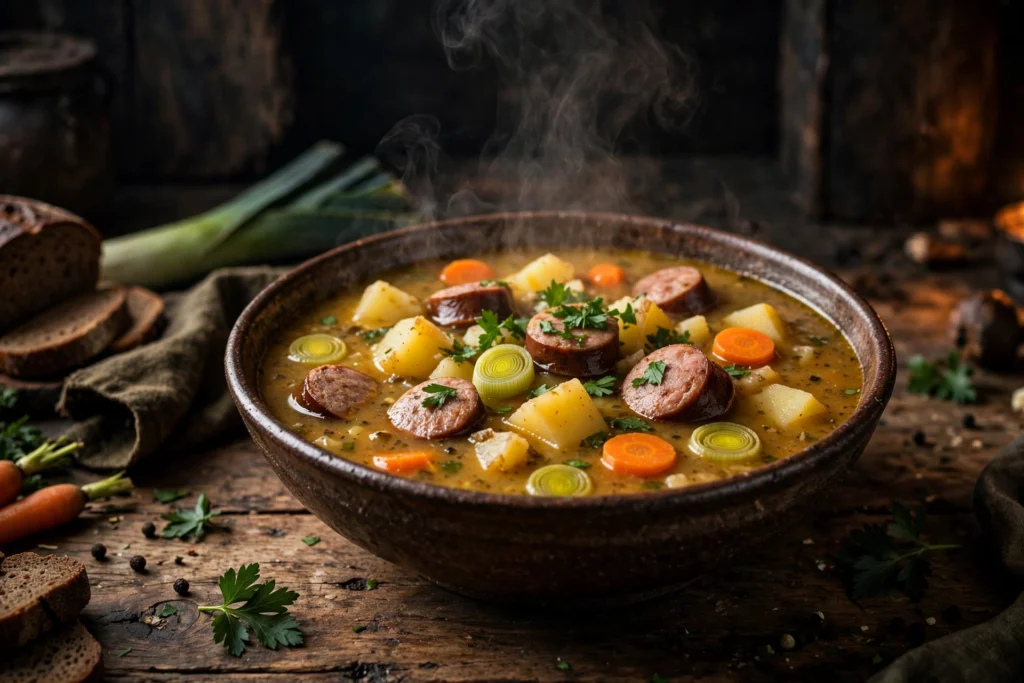 Cabanossi Suppe Rezept – dampfende deftige Wurstsuppe mit Cabanossi-Scheiben, Kartoffeln und Petersilie