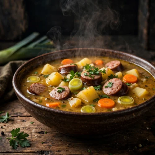 Cabanossi Suppe Rezept – dampfende deftige Wurstsuppe mit Cabanossi-Scheiben, Kartoffeln und Petersilie