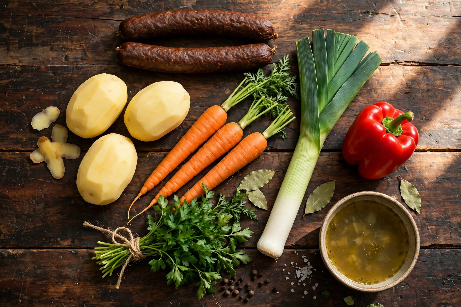 Cabanossi Suppe Rezept – Zutaten im Überblick: geräucherte Cabanossi, Kartoffeln, Karotten, Lauch und Paprika