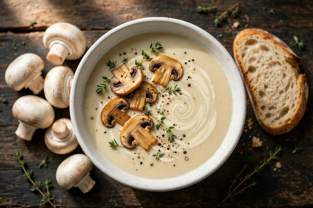 Champignons Suppe Rezept – cremige Champignoncremesuppe in einer Schüssel mit gebratenen Champignons, Thymian und Sahnehaube