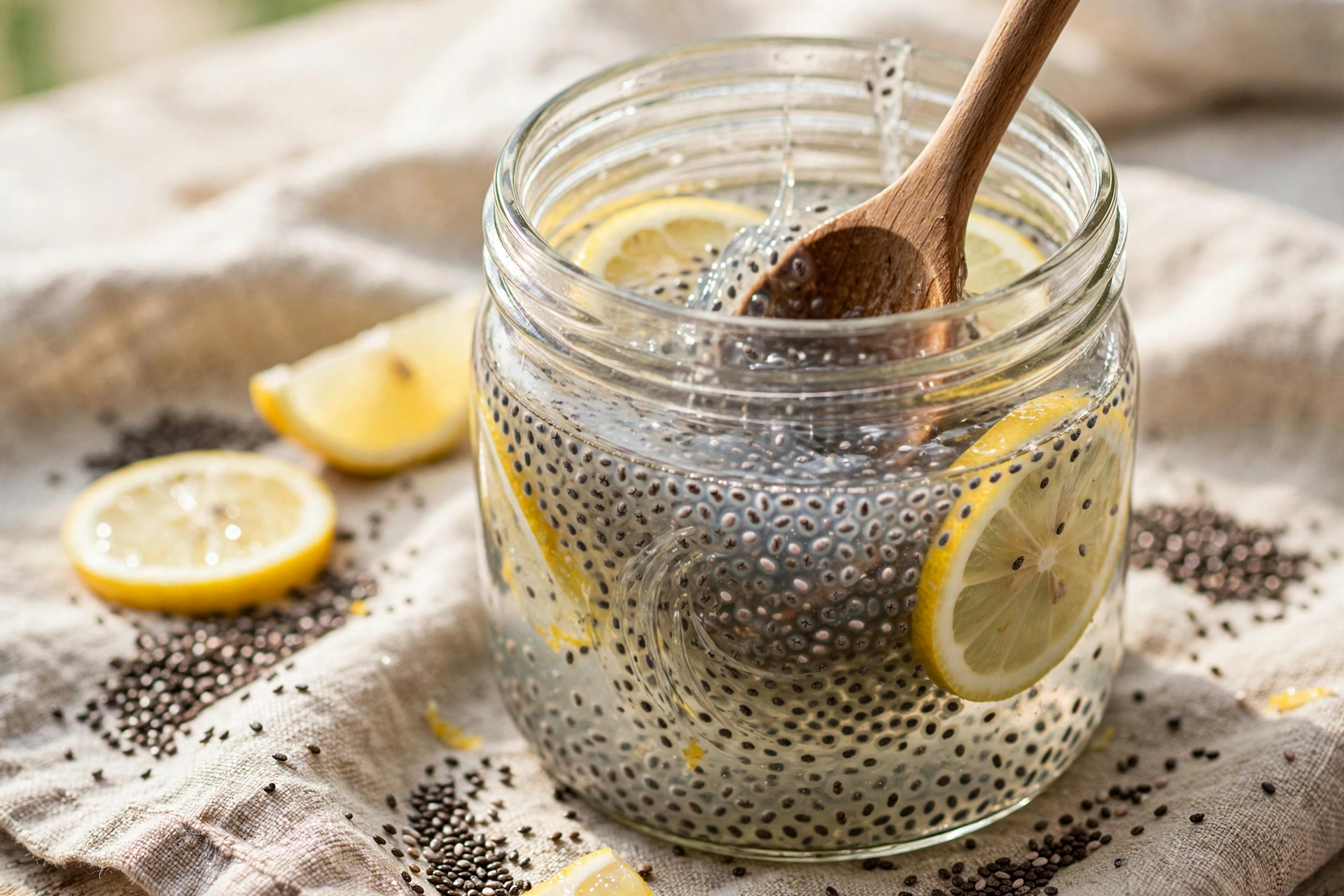 Chiasamen trinken Rezept – Chiasamen in einem Glas mit Wasser aufquellen lassen
