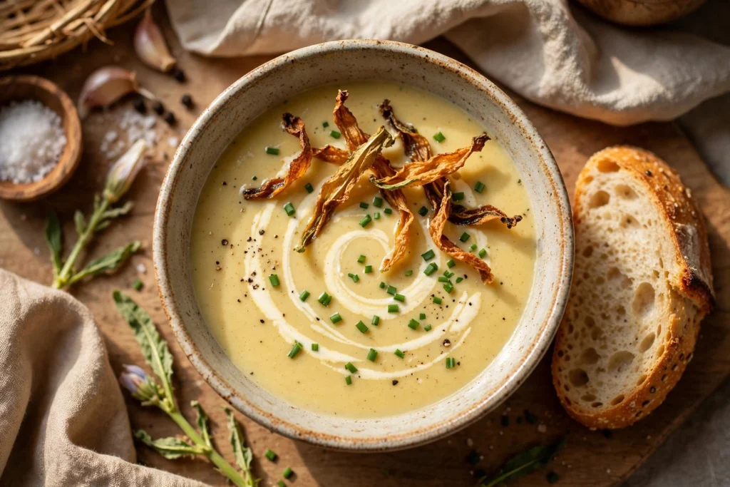 Chicoree Suppe Rezept – cremige Chicoréesuppe mit Sahnehäubchen, Chicoréeblättern und Schnittlauch in rustikaler Schale