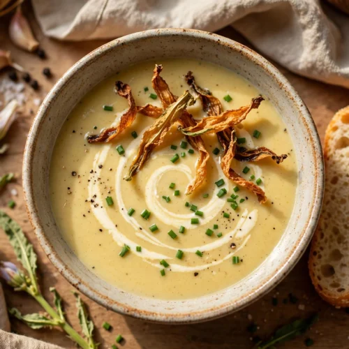 Chicoree Suppe Rezept – cremige Chicoréesuppe mit Sahnehäubchen, Chicoréeblättern und Schnittlauch in rustikaler Schale