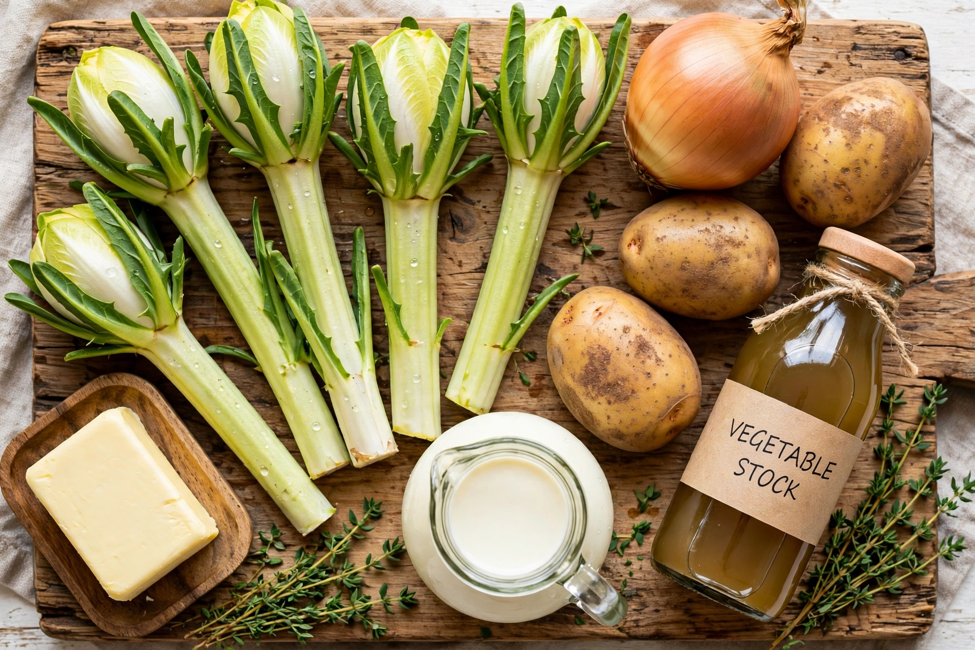 Chicoree Suppe Rezept – Zutaten im Überblick: Chicorée, Kartoffeln, Zwiebel, Butter, Sahne und Thymian auf einem Holzbrett